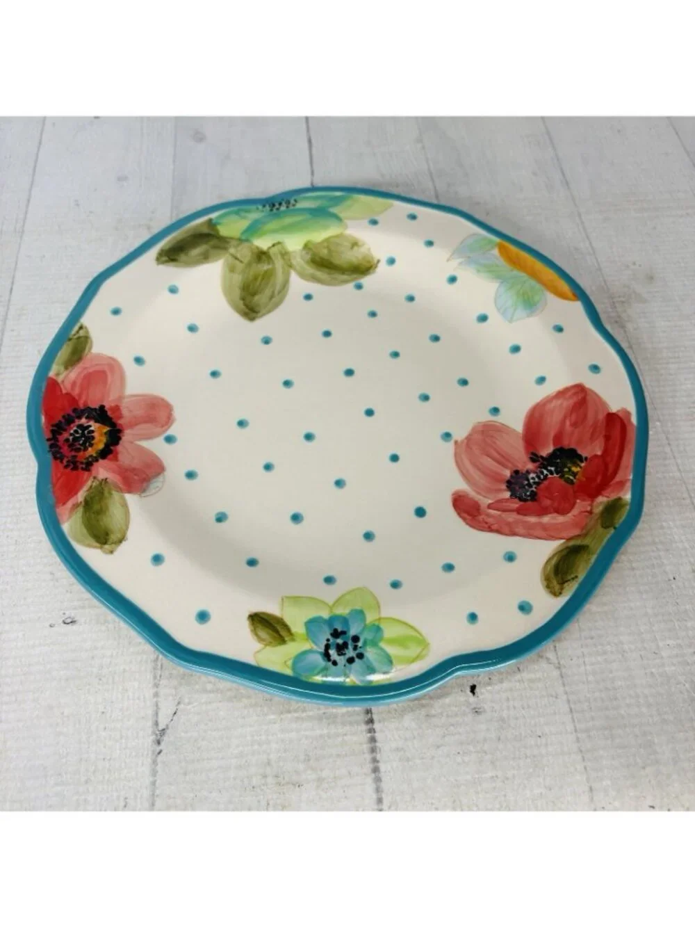 The Pioneer Woman VINTAGE BLOOM Scallop Floral  Teal Trim Stoneware Dinner Set 3